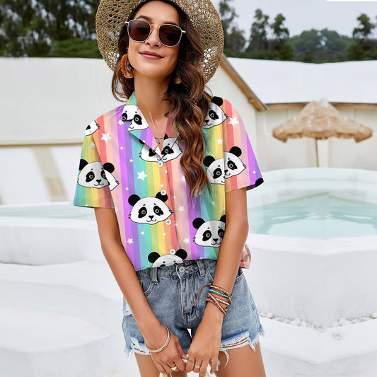 Rainbow Panda Women Casual Shirt |Hawaiian Shirt For Women | Short Sleeve Shirt | Aloha Shirt | Women Blouse, Tops